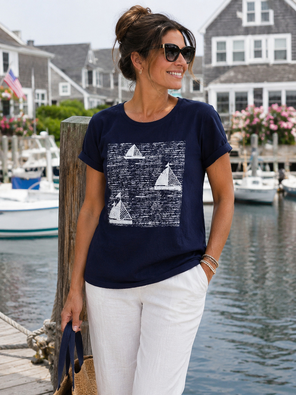 Chicos Nautical vibes eyelet detail tshirt blue shirt size 3 fisherman coastal